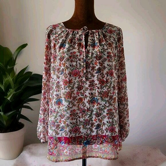 Lucky Brand Blouse Size S Pink Colorful‎ Floral Semi Sheer Top Bohemian - Picture 1 of 6
